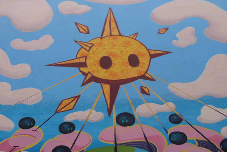 Taking a closer look at the sun in this painting, you can see that its actually made out of a Hispanic pattern. No other part of this painting is made with a pattern which could be to emphasize the importance of the sun to the painter. The sun shines its rays everywhere around it, piercing even the darkest depths of the painting.
