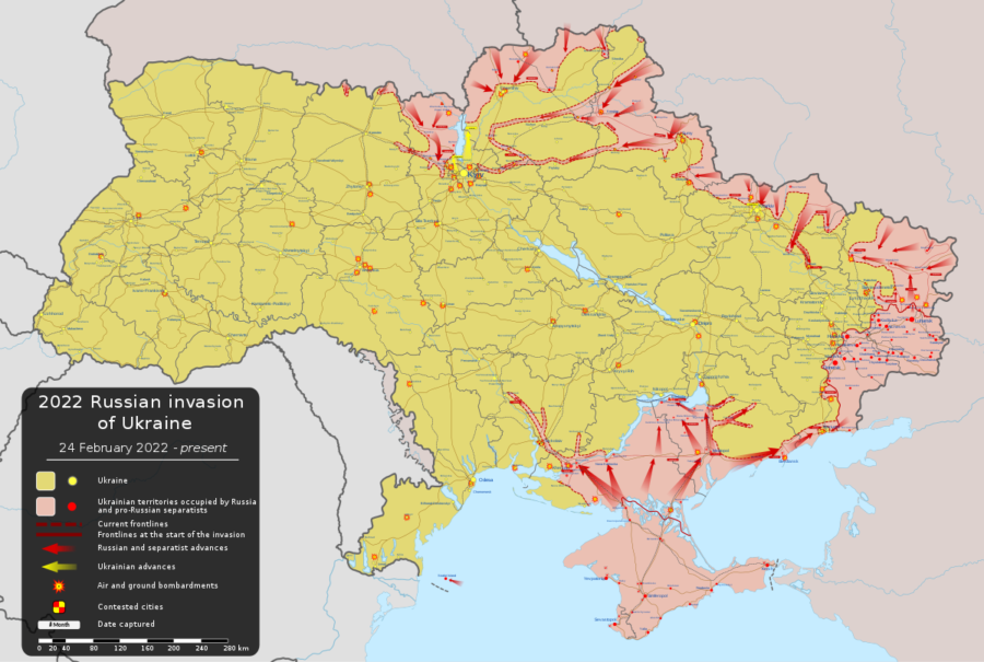 Russia has invaded Ukraine in multiple areas (shown in red) of their shared board.