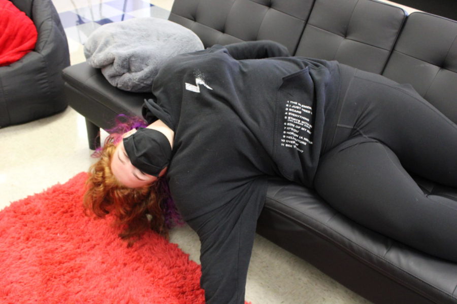 Sophomore Jasmine Zimmerman demonstrates one of many sleeping positions.