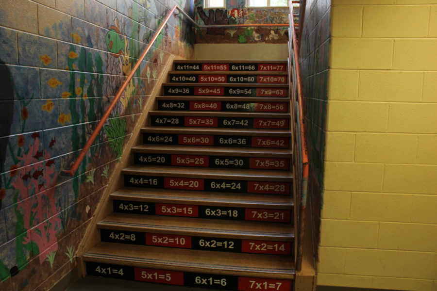 Columbia Elementary has some amazing art work for the students to sit when going to their classes. On the set of stairway theres math equations on the stairs to help the student learn.