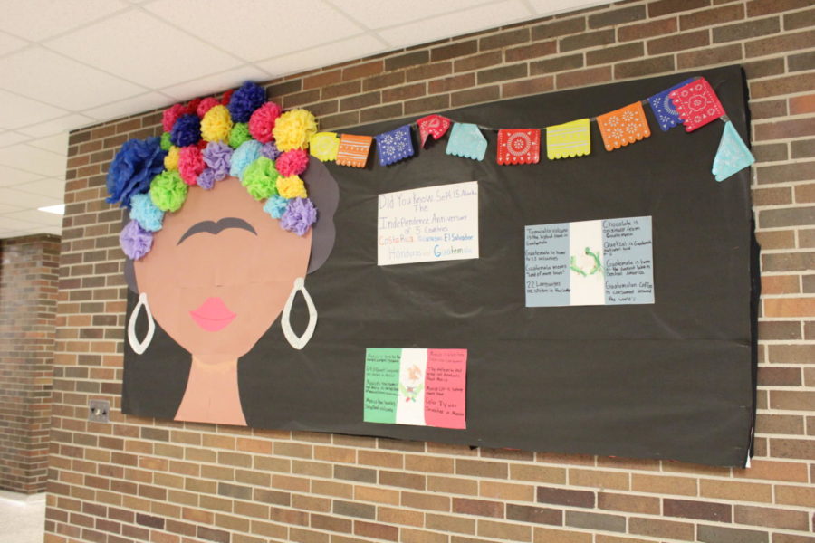The+bulletin+board+in+G-wing+displays+facts+about+Hispanic+culture+with+artwork+representing+Frida+Kahlo.+