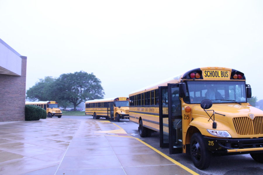 Here are just some of the buses lined up waiting for the student to get on for the evacuation drill. 