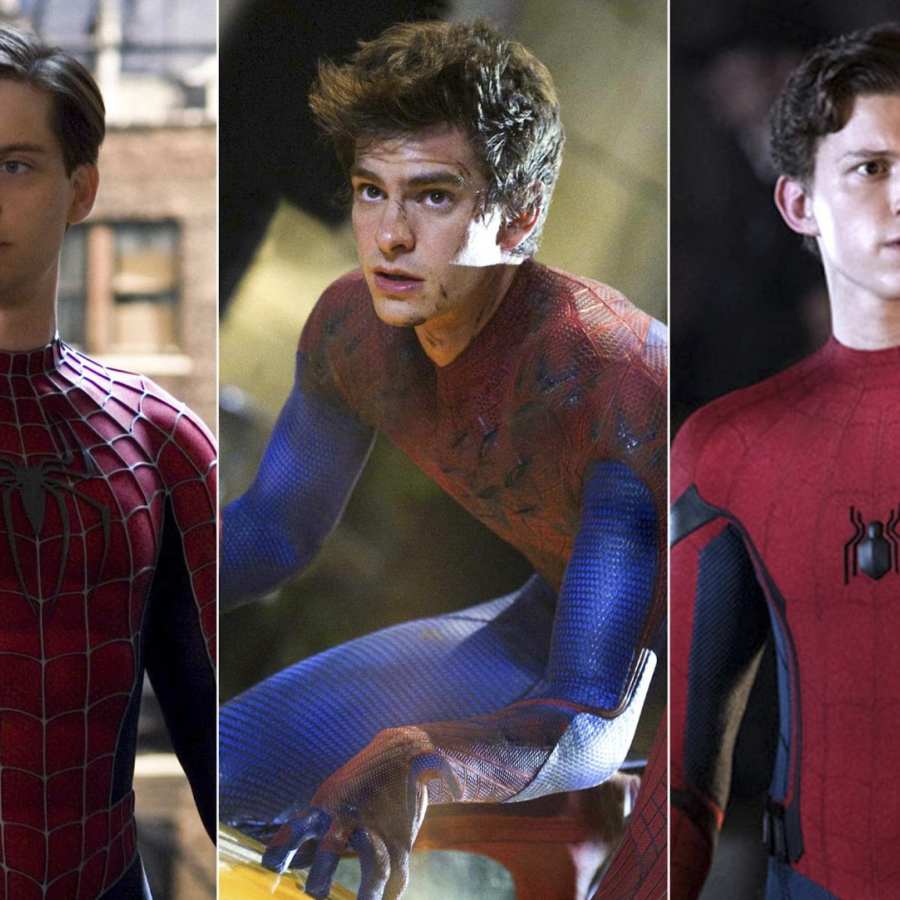 Side by side pictures of Tobey Maguire, Andrew Garfield, and Tom Holland from the Spider-Man movies. 