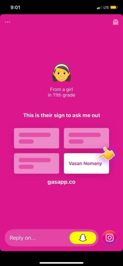 In the gas app, students can answer prompts. A girl from 11 grade chose Vasan Nomany in response to as them out. 