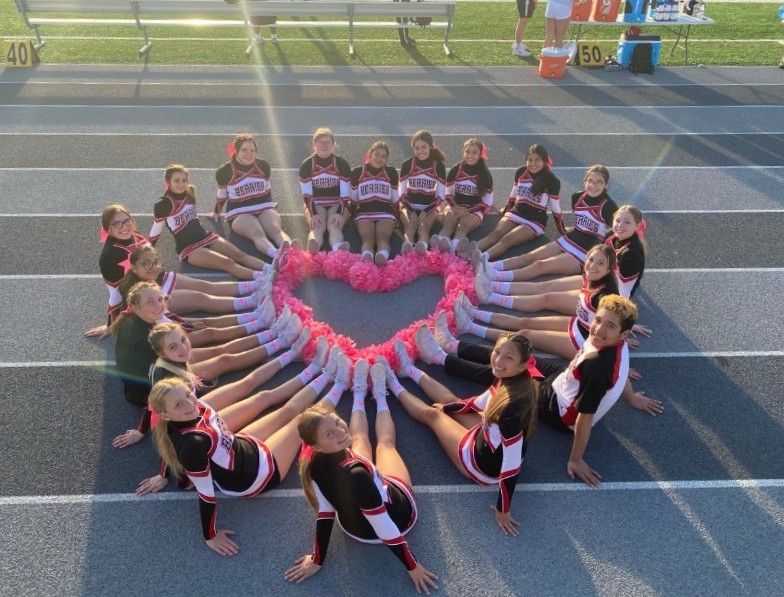 LHS Cheer team making a heart with their pink pom-poms to support breast cancer. 
