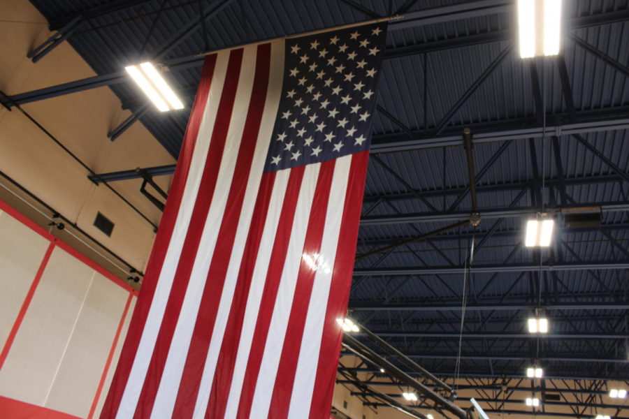 The United States flag hangs the rafters in the Berry Bowl. 