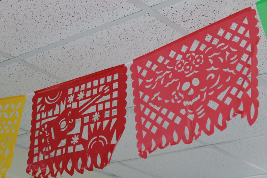 Traditional Mexican decoration, Papel Picado, hangs on the sky bridge. One depicts a Spanish Guitar and the other represents La Catrina, Mexicos lady of death and a reminder for all to enjoy and welcome their mortality. 
