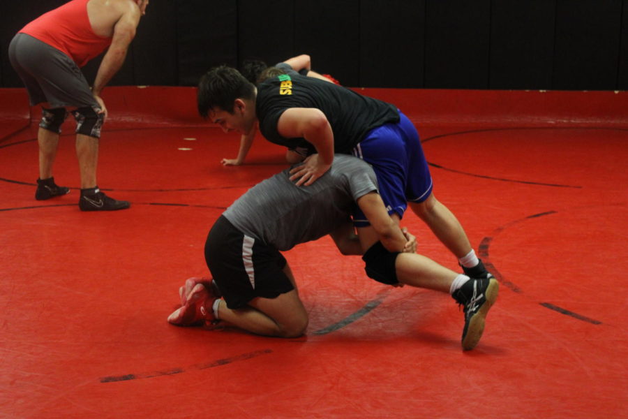 During practice, senior Christian Hernandez attempts to take down junior Devin McAninch.