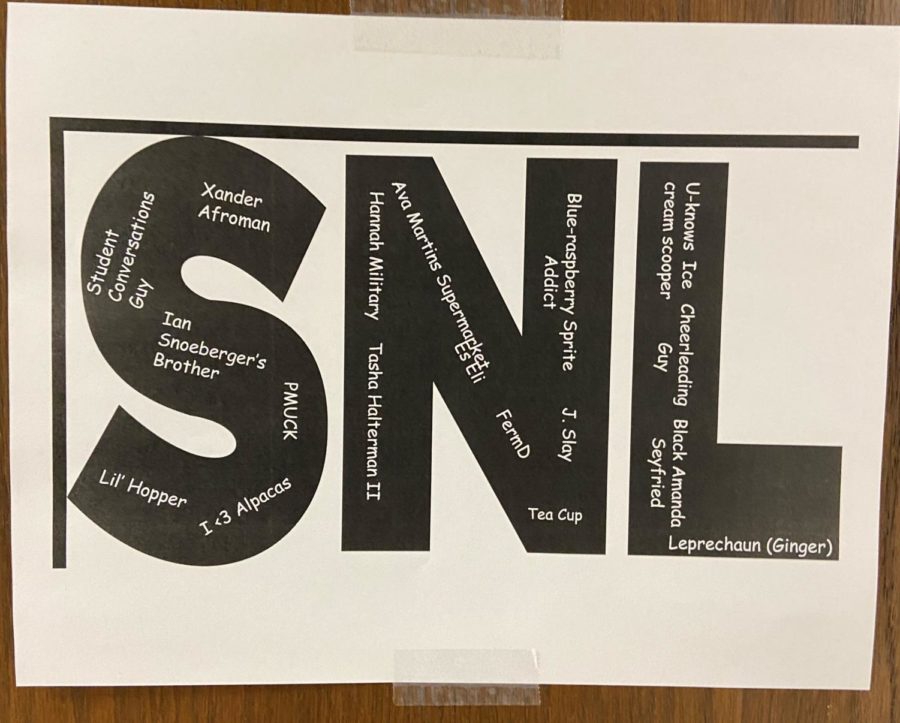 This years SNL cast list is posted on Drama Club director Tony Kinneys classroom door. The SNL tradition is to post the cast list using cast members nicknames.