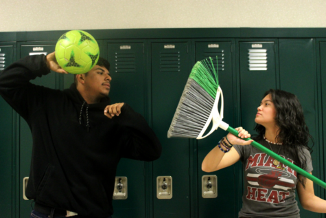 Culturally, Mexican households have held their daughters to a higher standard than their sons. Junior Arturo Cortez holds a soccer ball and junior Lauren Saldivar holds a broom. They go against each other holding a stereotypical item. 