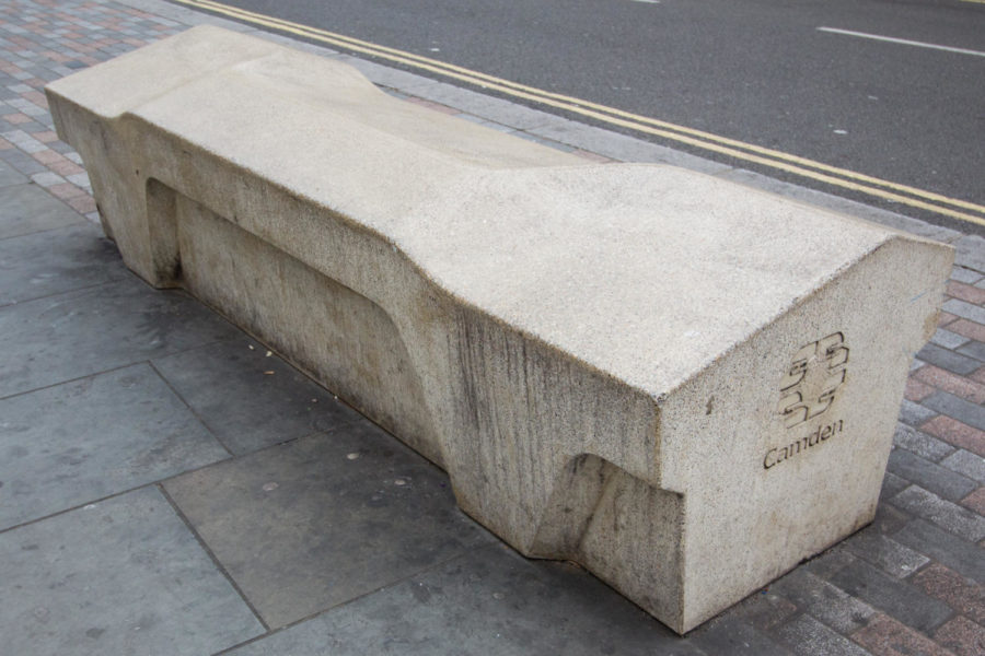 The Camden Bench is a type of concrete bench that falls under the category of hostile architecture. It was designed to deter using it for sleeping, littering, skateboarding, drug dealing, grattifi, and theft. It was designed with angular surfaces, an absence of crevices, and resistant to water and paint. 