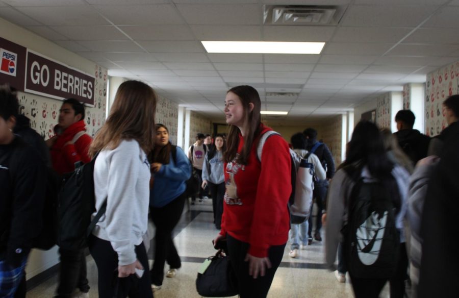 On February 3, 2023,  freshman Audrey Graham and Goldie Kitchell conversate on the sky bridge in Logansport High School. The bridge connects the F- Wing, G-Wing, and the Century Career Center. This makes this one of the busiest hallways in the high school. Students can sometimes forget that the passing period isn’t just used for social activities.