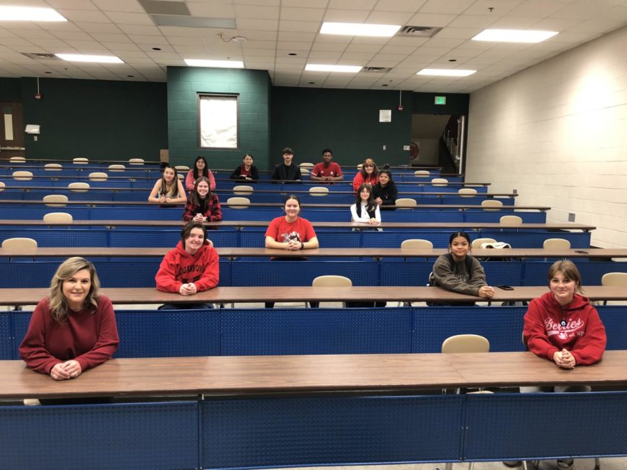 Members of the S.A.D.D. Club smile at their meeting during Ribbon Week this year. Red Ribbon Week is a week in the prevention about the use of drugs and alcohol.
