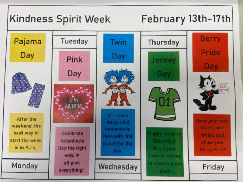 The week prior to Kindness Week, the above flyer was displayed around the school, letting students know about the different themes: Pajama Day, Pink Day, Twin Day, Jersey Day and Berry Pride Day. 