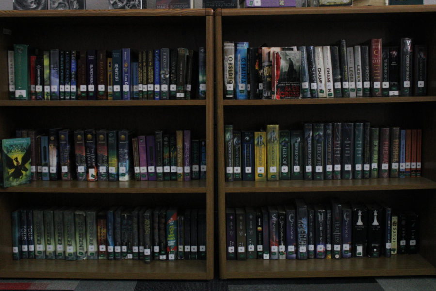 Some+of+the+books+deemed+controversial+are+displayed+on+a+shelf+in+the+library%2C+giving+access+to+all+LHS+students.+