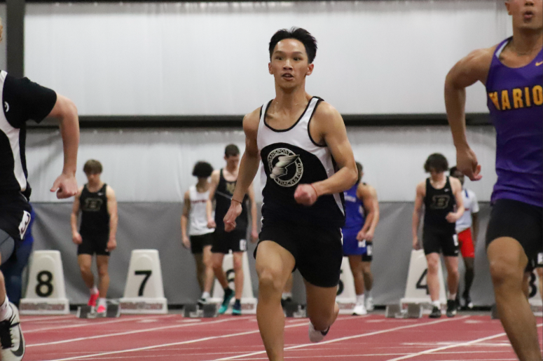 In the boys 60 meter dash, junior Vasan Nomany is focused on sprinting as fast as he can. The 60 meter dash is a race where all the runners have to sprint 60 meters as fast as they can.