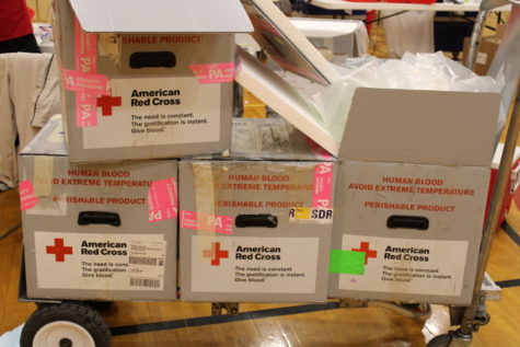 The blood is put in boxes that separate according to the blood type and are brought to the red cross organization to be sent to hospitals .