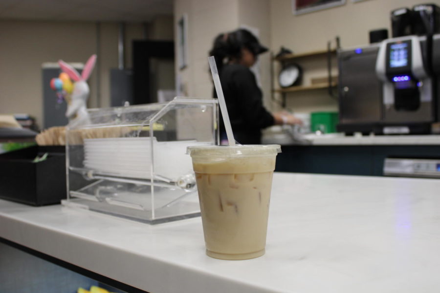 Iced coffee waits to be picked up by the customer, on the Berry Beans counter. 