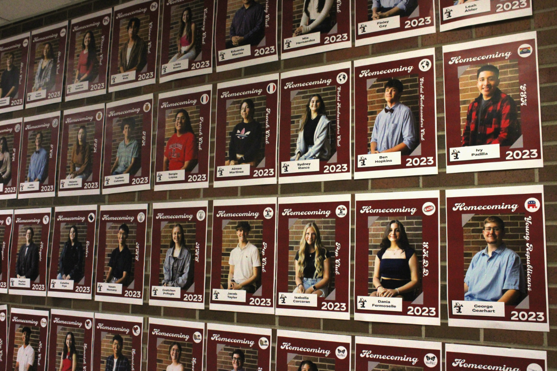 The wall left of the main entrance is full of Homecoming candidates. It shows the wide variety of clubs that the school offers and the diversity of the students.