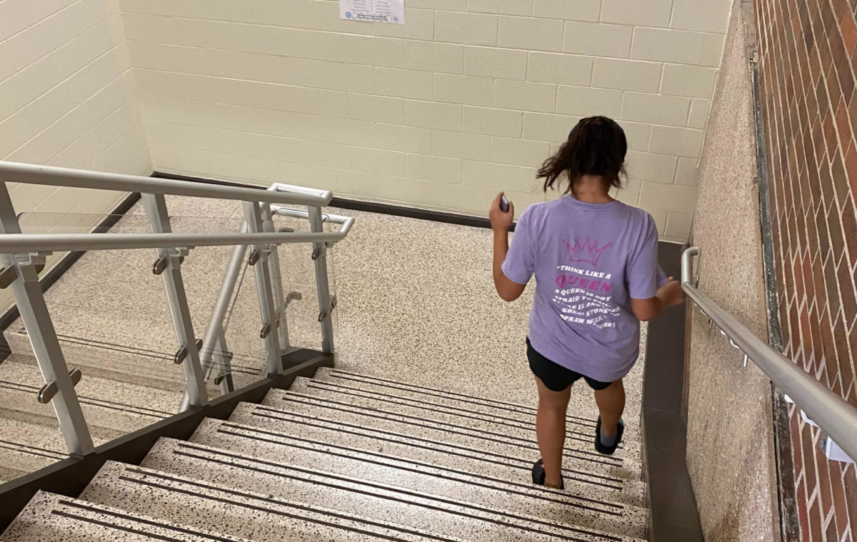 Running down the stairs, sophomore Reyna Hernandez rushes to get to her next class. If a student is ever late for a class, he or she needs to go get a pass from the deans office in D133.