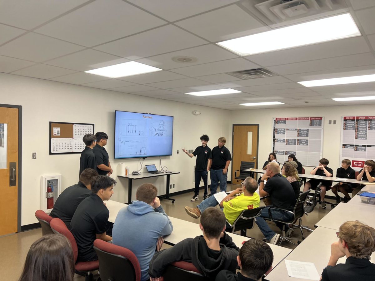 Students map out a plan while pitching to Steinberger Construction. Presentations are a common occurrence within the classroom for PTECH.