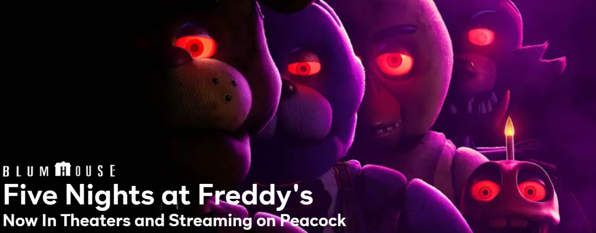 From right to left, are the animatronics Foxy, Chica, holding Cupcake, Bonnie, and finally Freddy Fazbear himself. This was the official movie poster released by Peacock.