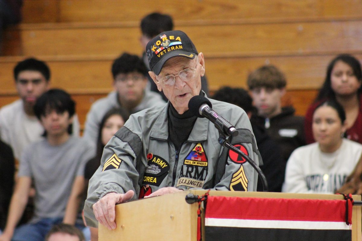 During the Veterans Day Program, staff sergeant Bill Ellington shares the story of his late best friend and World War II Veteran, Jim Myers. 