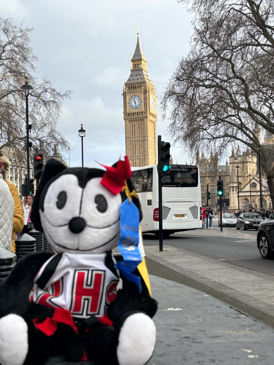 The adorned Felix cheerleading doll is placed right in front of the Big Ben. This was one of many famous architectural sights that Senior Ivy Padilla saw while on his trip in London.