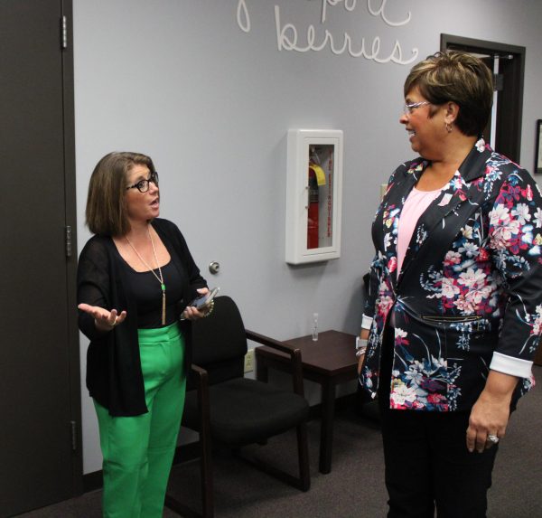 Director of ELL Tami McMahan meets Senator Stacy Donato, who scheduled a visit to find out more about Logansport High School ELL program.