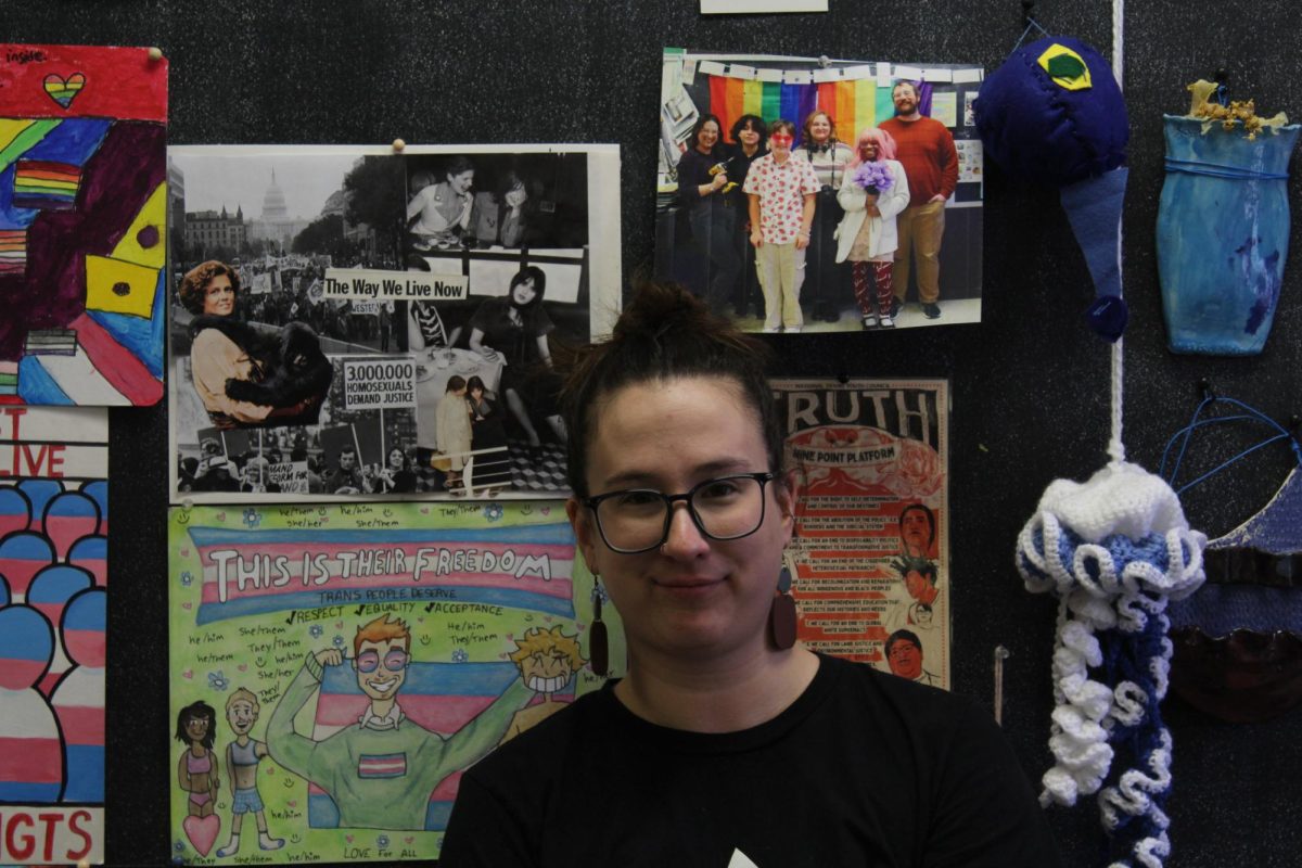 Charlie proudly stands by their students work. This is their room where not only art classes are hosted, but also the GSA Club, known as Apollos Garden, takes place. Many of these pieces represent the LGBTQ and history.
