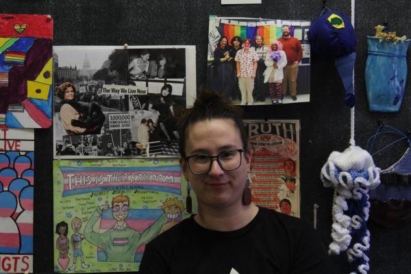 Charlie proudly stands by their students work. This is their room where not only art classes are hosted, but also the GSA Club, known as Apollos Garden, takes place. Many of these pieces represent the LGBTQ and history.
