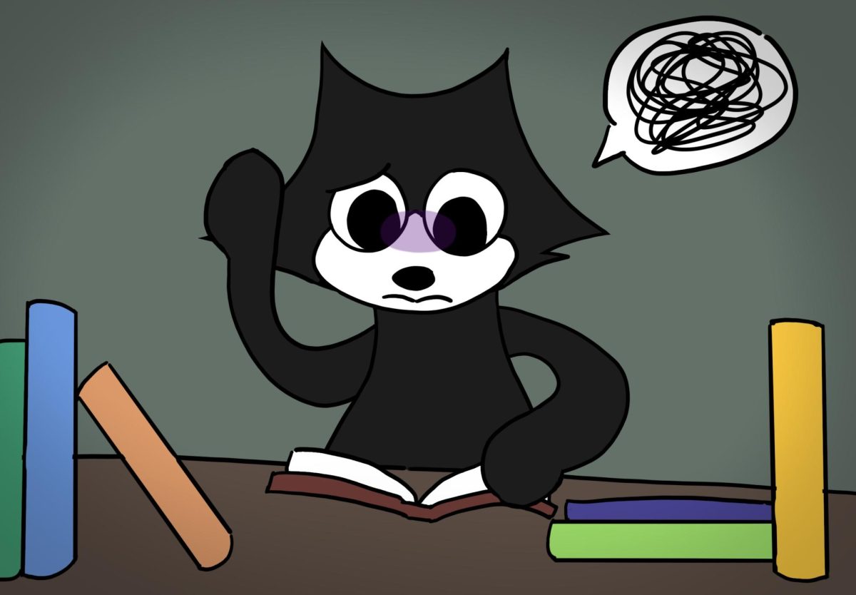 Looking puzzled, Felix the Cat attempts to focus on reading a book. Now that were finally nearing the end of the school year, many students have found themselves have less motivation to do their school work. This is especially the case with many seniors due to it being their final year of high school.