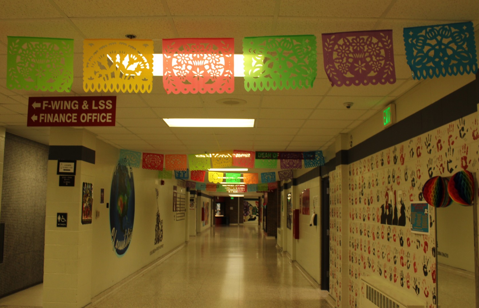 Colorful decorations for Hispanic Heritage Month welcome students entering the high school.