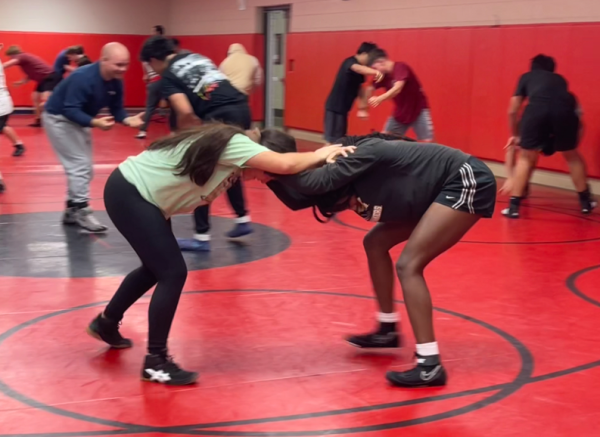 Freshman Alexa Lopez grabs senior Ashanta curry into a collar tie while learning at practice.