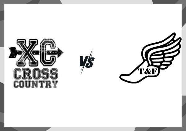 On the left Cross country logo/symbol with a versus symbol in the middle, and the track and field logo/symbol on the right.