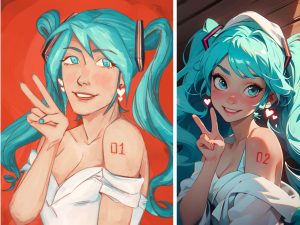 On the left, a human-made drawing of vocaloid Hatsune Miku. On the left, the same character, but instead an AI-generated image (posted by @psyKhimera on X).