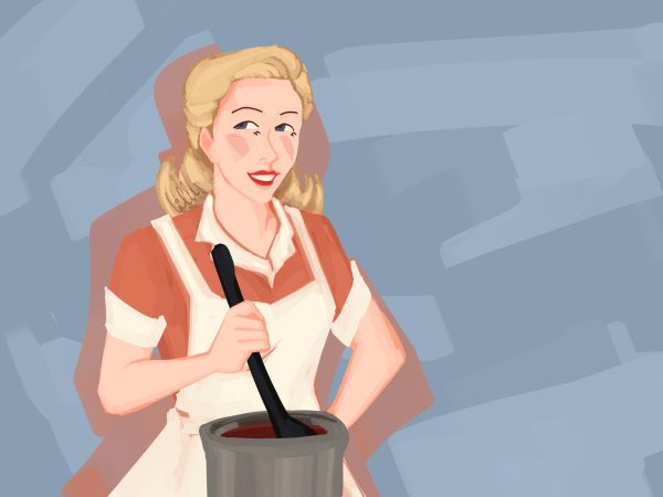 An illustration of a housewife preparing dinner.