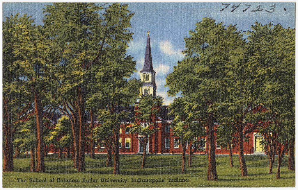 The School of Religion lights up Butler University in Indianapolis, Indiana. (The School of Religion, Butler University, Indianapolis, Indiana/Boston Public Library/Flickr/CC BY 2.0 DEED)