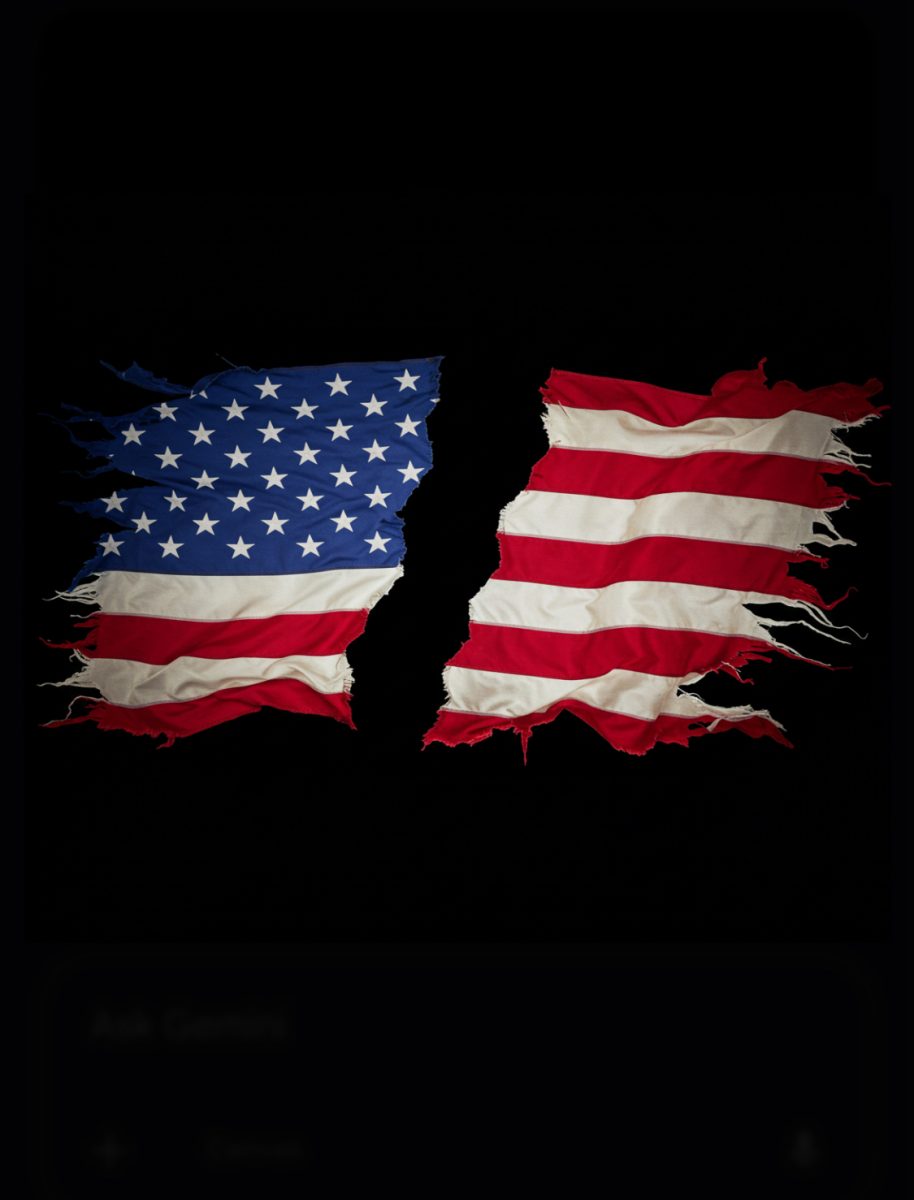 Image of the flag of the United States of America split in half and torn up to show the division within America. (Illustrated by AI.)