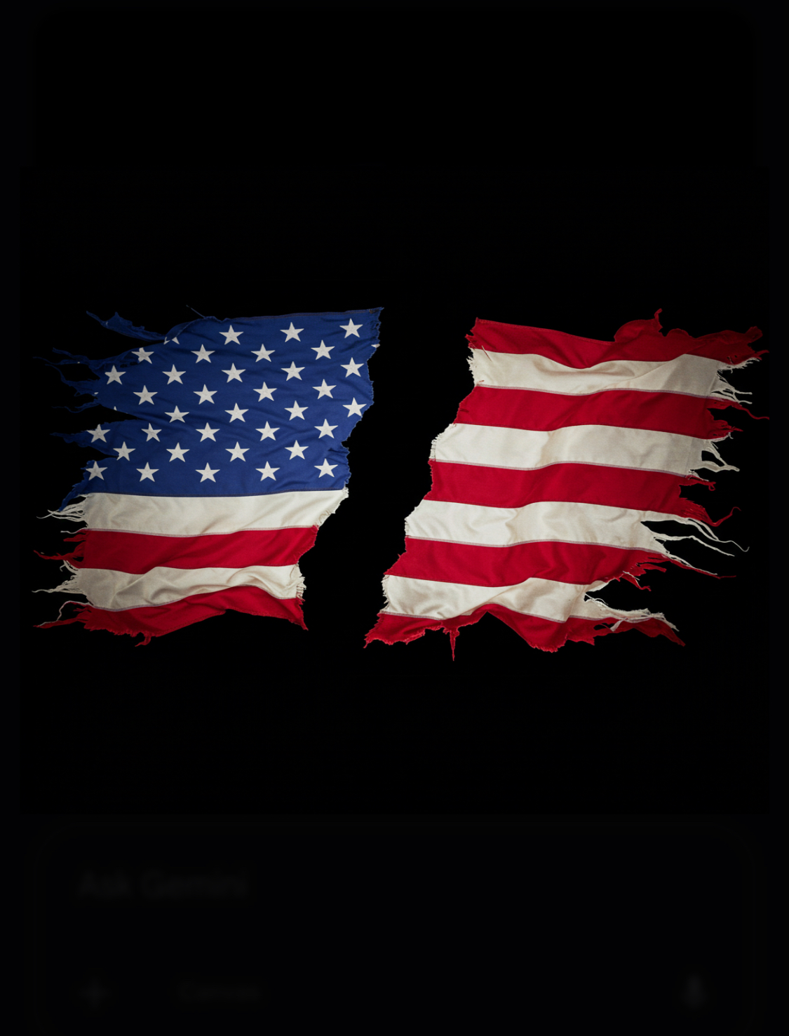 Image of the flag of the United States of America split in half and torn up to show the division within America. (Illustrated by AI.)