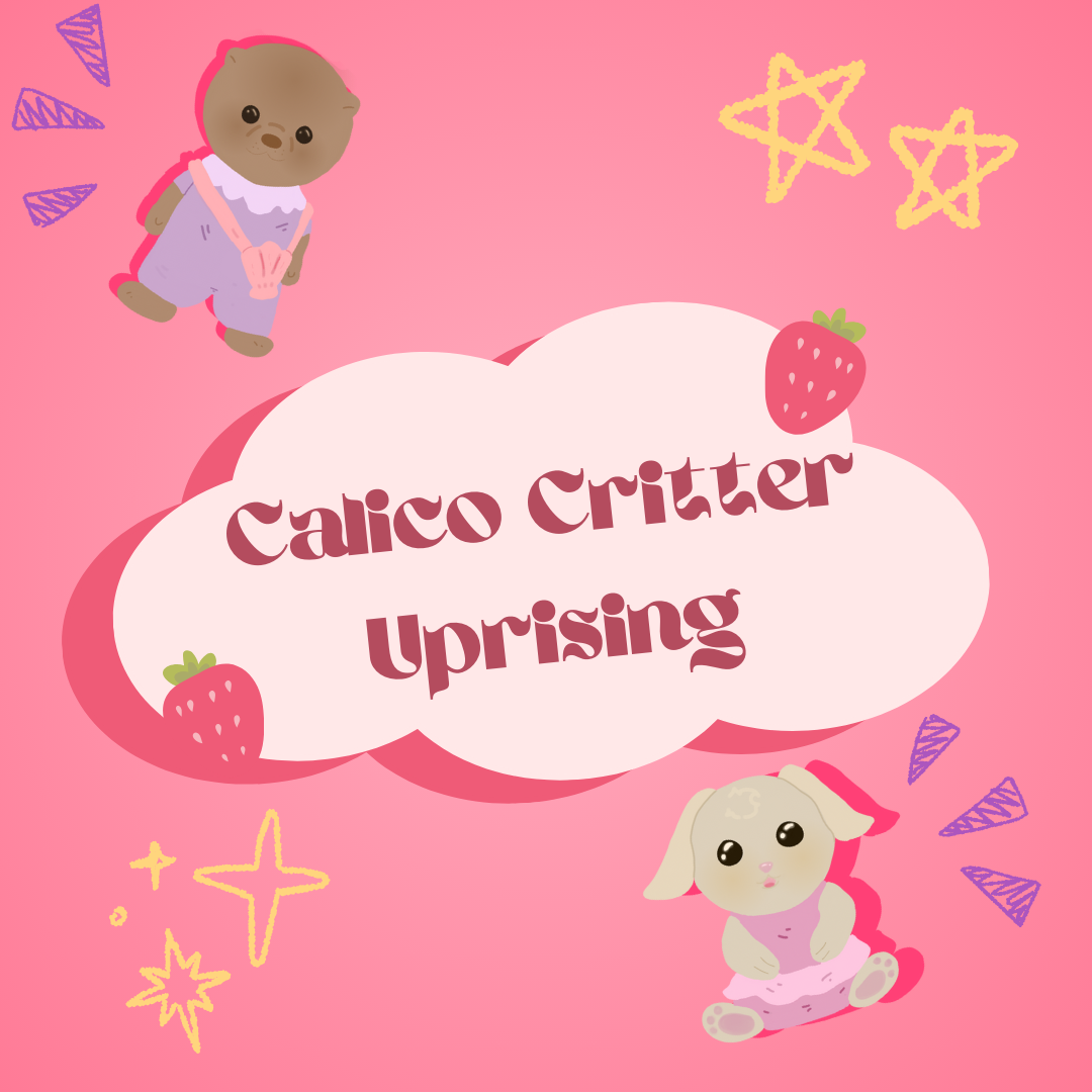 A Calico Critter of an otter wearing a purple colored outfit holds a pink seashell for a purse, while a white bunny Calico Critter wears a pink tutu and outfit.