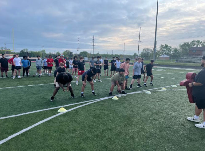 The football team out on the field for spring workouts preparing for the 2025 season. (Courtesy of Troy Hudson)