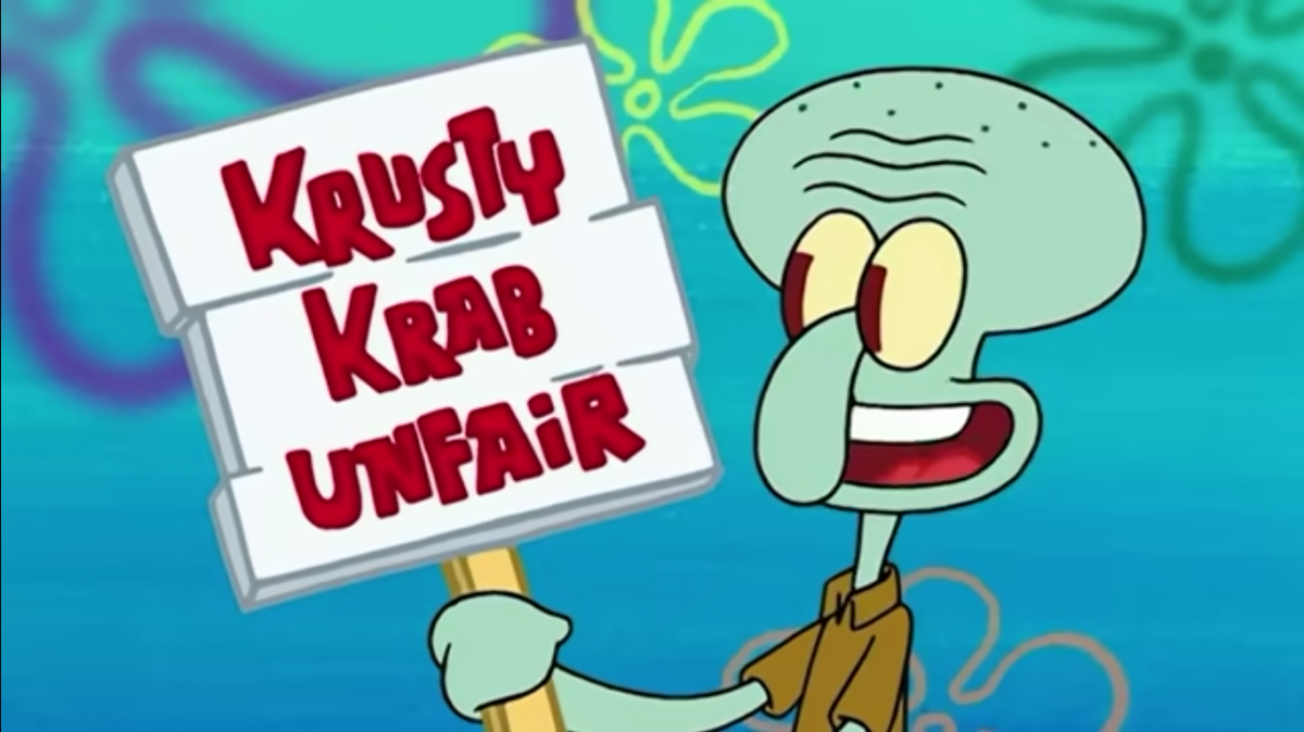 Squidward makes a sign to protest outside of the Krusty Krab. (SpongeBob SquarePants via YouTube)
