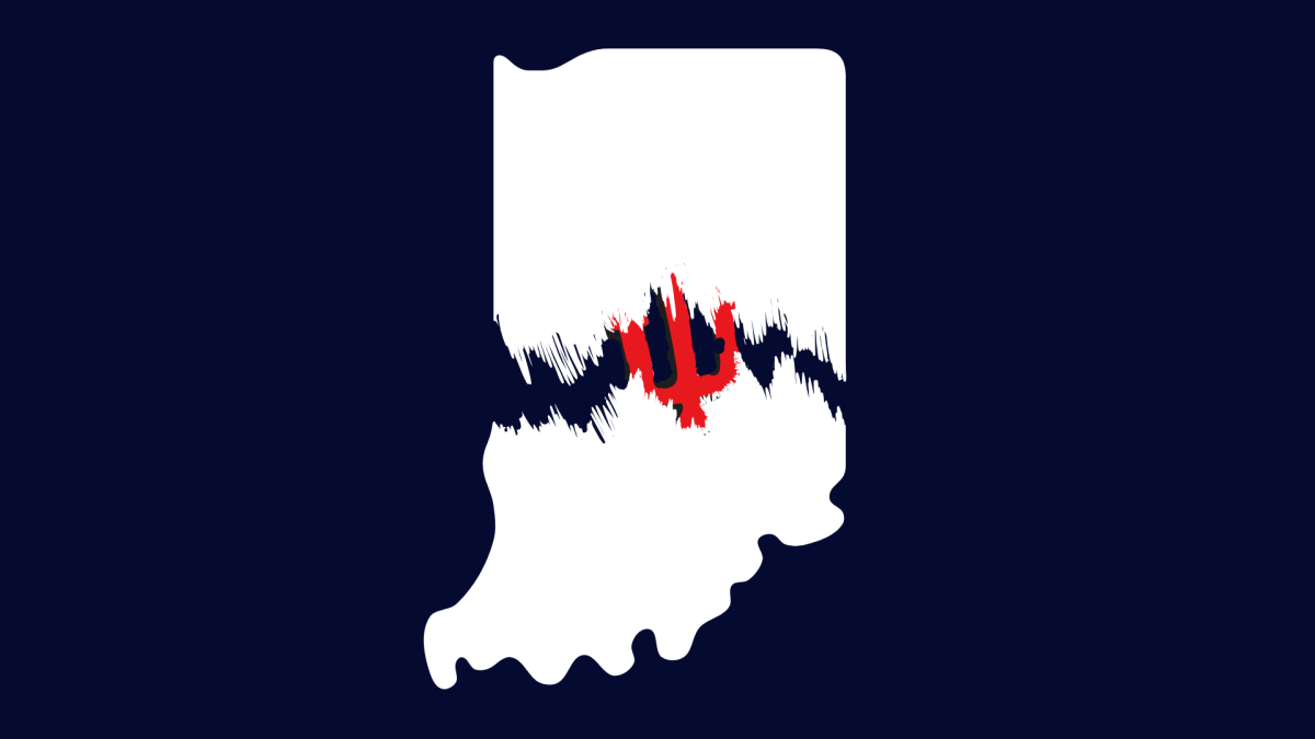 A torn Indiana with Indiana University's Logo breaking out. 