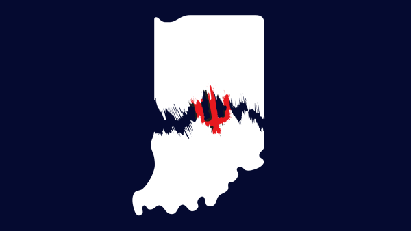 A torn Indiana with Indiana University's Logo breaking out. 