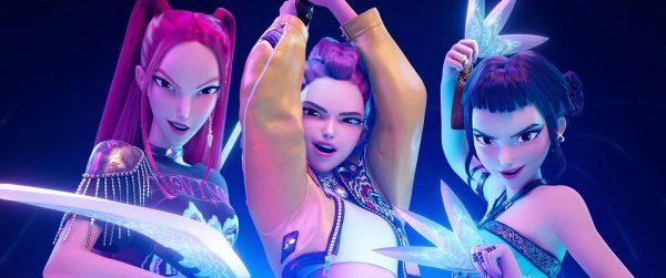 From left to right, Mira, Rumi, and Zoey from K-Pop Demon Hunters mid-fight and song. (Netflix)