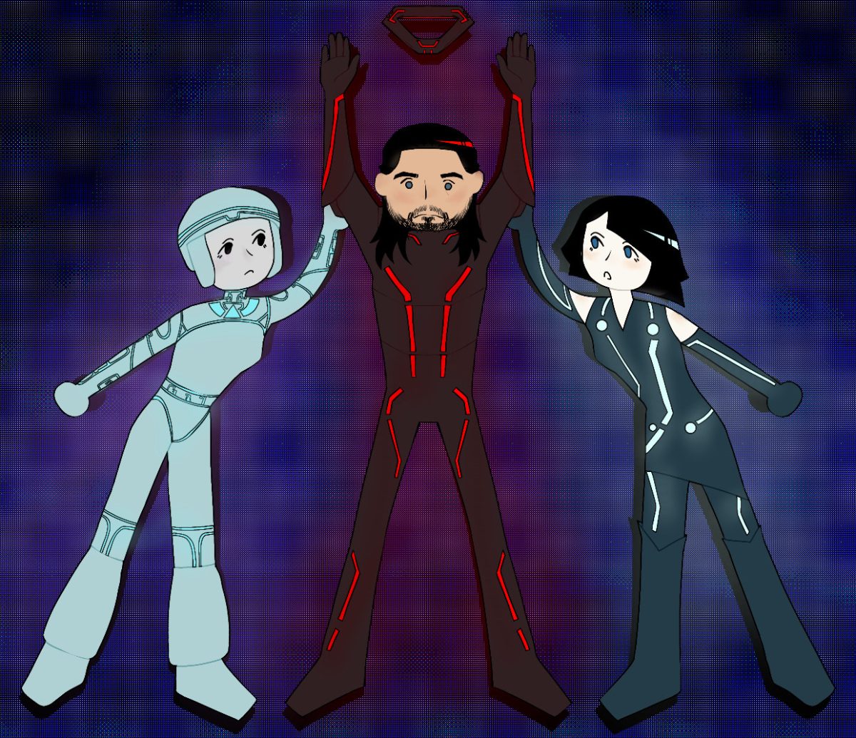 Cartoon depiction of characters Yori, Ares,and Quorra from the "TRON" trilogy.