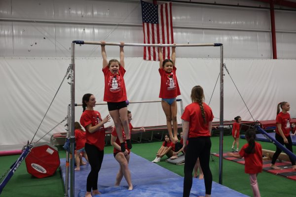 Two aspiring gymnasts smile as they hang from the uneven bars.
