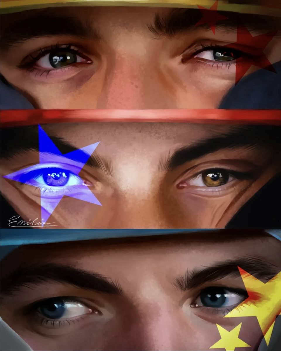 A close up drawing of the three 2025 WDC title finalist's eyes. (em_drawsgp on Instagram)