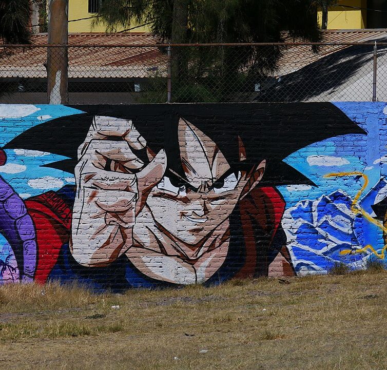 A Dragon Ball Z mural painted on the street of José F. Elizondo y Avenida Ayuntamiento in Aguascalientes, Mexico. (Luisalvaz, Public Domain, via Wikimedia Commons)